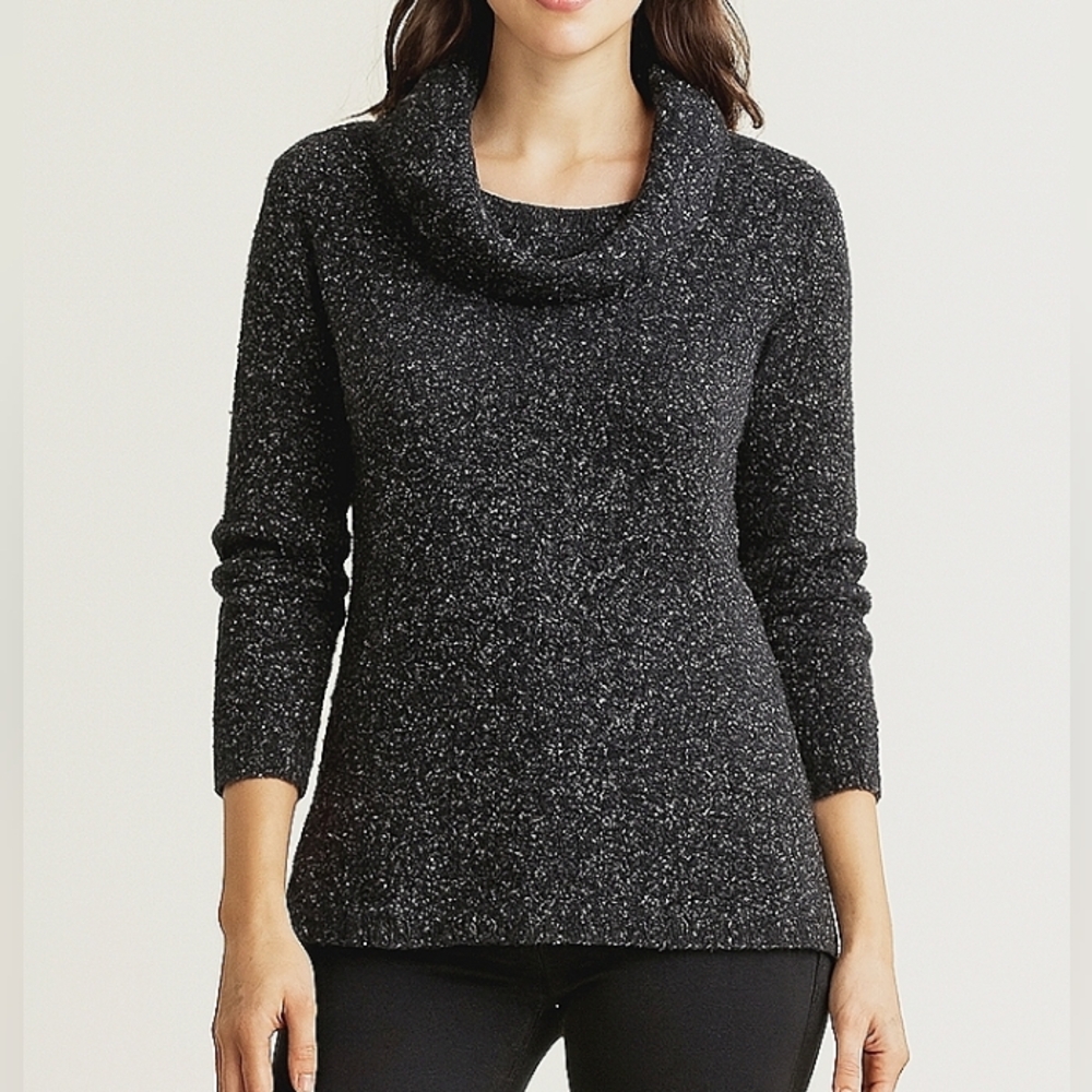 White House Black Market Metallic Thread Cowl Neck Sweater Black Silver Small - Picture 3 of 14